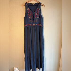 Umgee Navy Maxi Dress with Red & Yellow Floral Embroidery